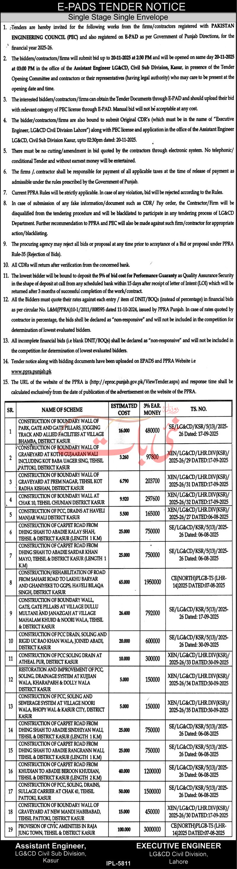 LG&CD Division Lahore, Kasur Tender Notice